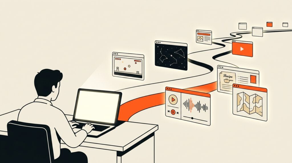 Illustration of a person at a laptop whose screen opens onto a path of floating browser windows, each a different website waiting to be discovered