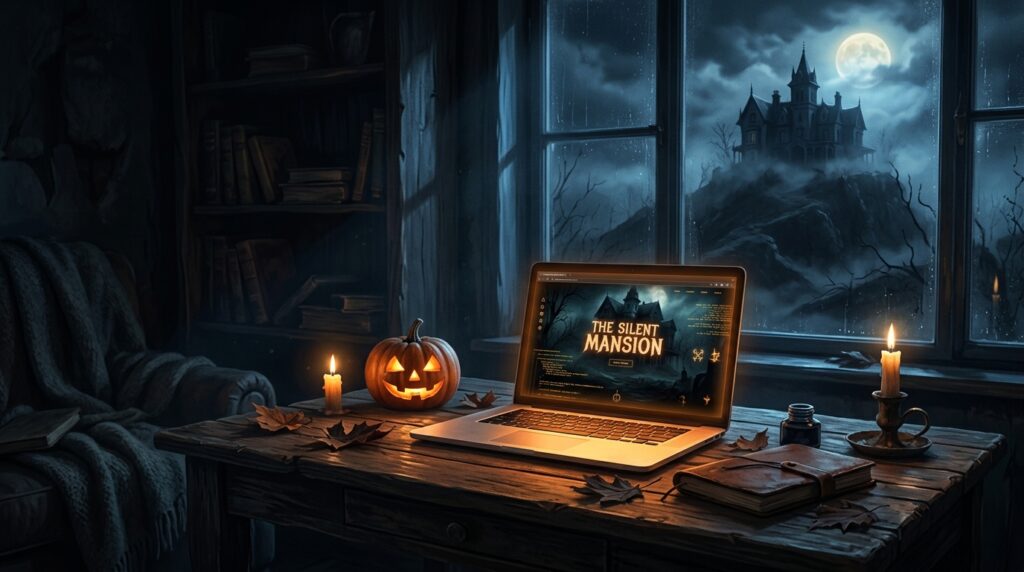 A glowing laptop on a desk at night with a jack-o-lantern, and a foggy haunted mansion under a full moon outside the window