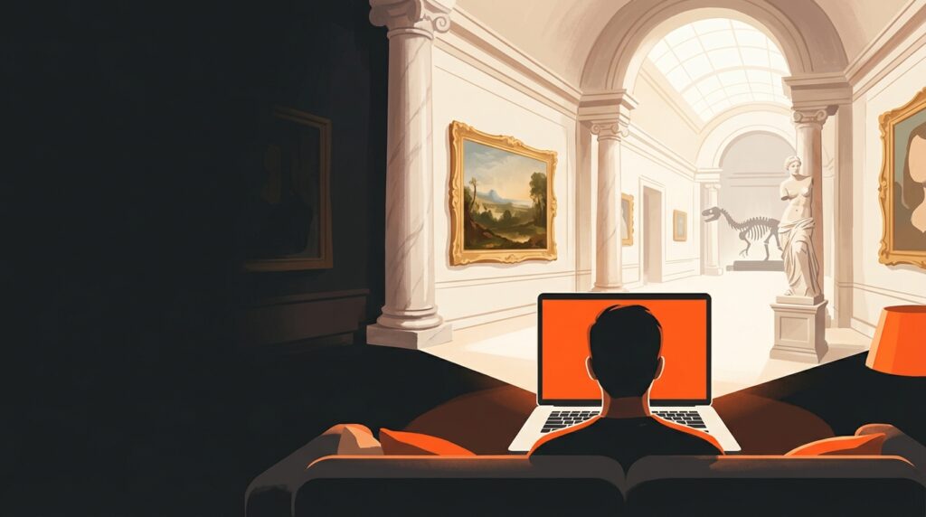 Illustration of a laptop screen opening into a grand museum gallery with columns, paintings and statues