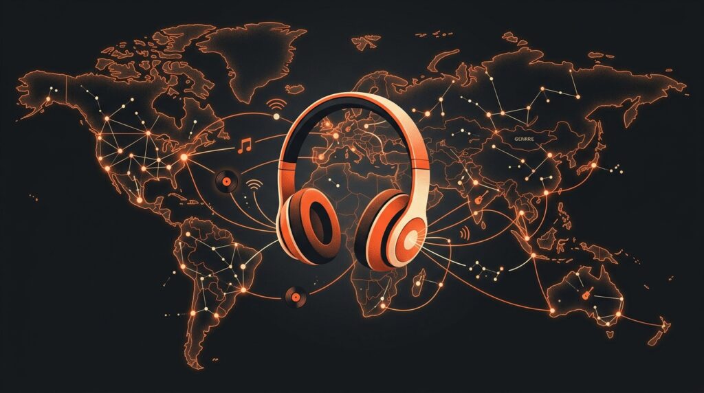 Illustration of headphones over a glowing map of connected music genres with records and radio waves