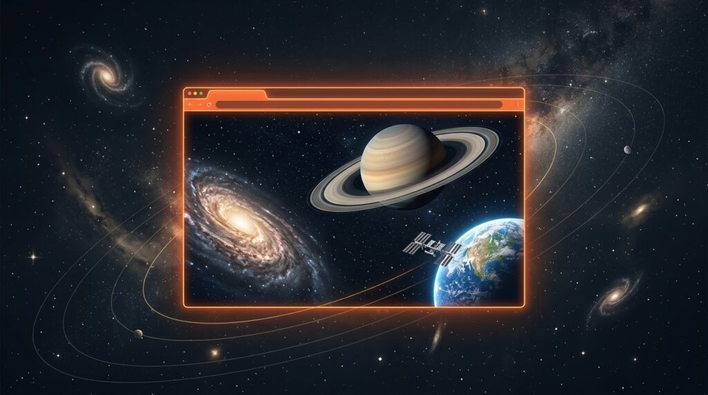 Illustration of a browser window floating in space showing Saturn, a galaxy and the space station passing Earth