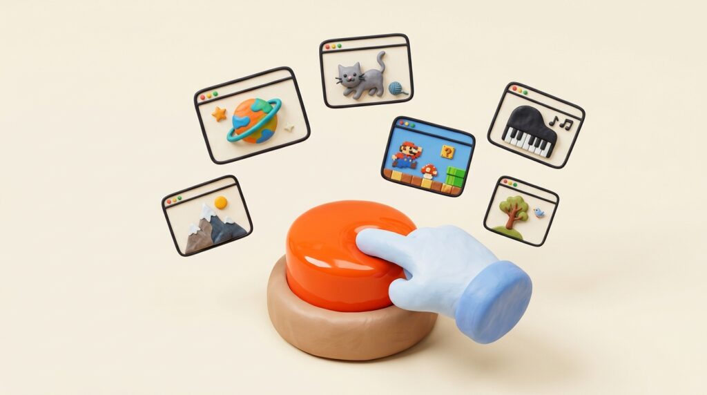 A big orange button sending random website windows flying out, for the NexURLs random website generator