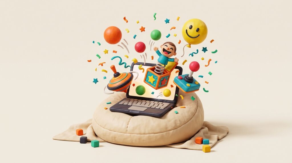 A laptop bursting with toys, balls and confetti, for fun and funny websites to visit when bored