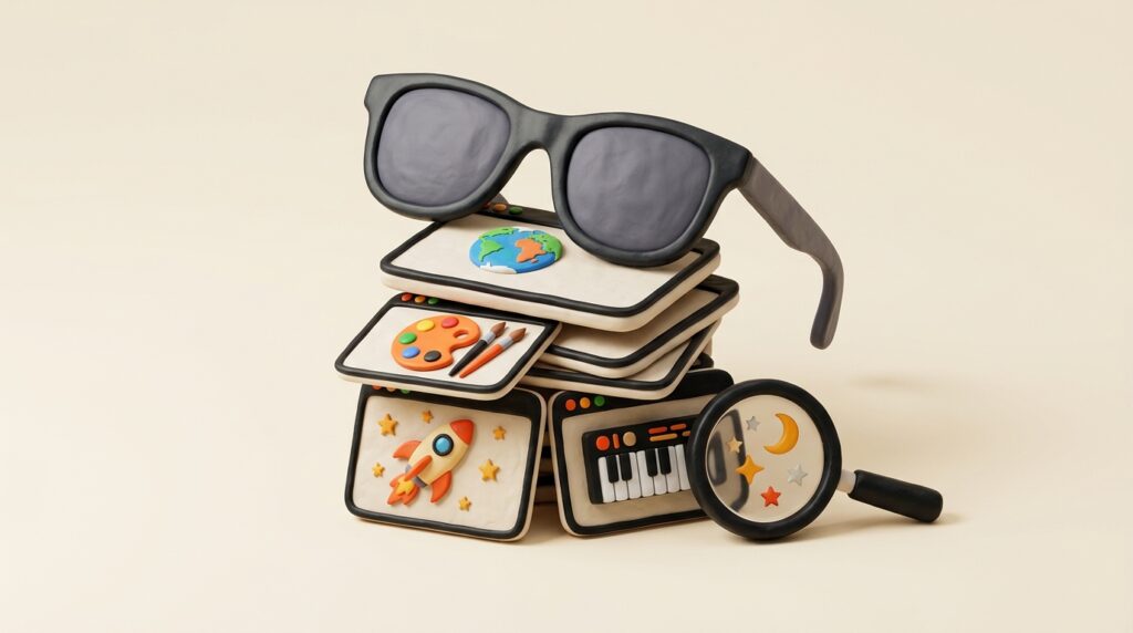 Sunglasses on a stack of browser windows showing maps, art and space, for cool websites you have not seen