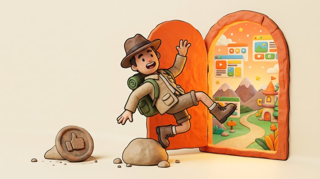 An explorer stumbling through a doorway into a world of websites, for what happened to StumbleUpon and its alternatives