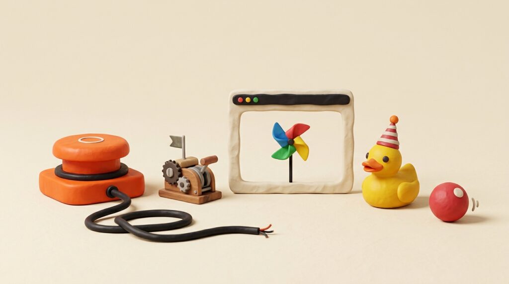 Pointless gadgets like a button wired to nothing and a duck in a party hat, for useless websites that are weirdly fun