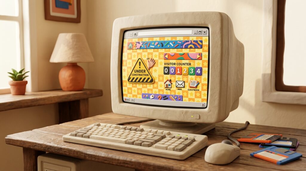 A 1990s computer showing a hand-made old web page with a star background, for old internet websites you can still visit