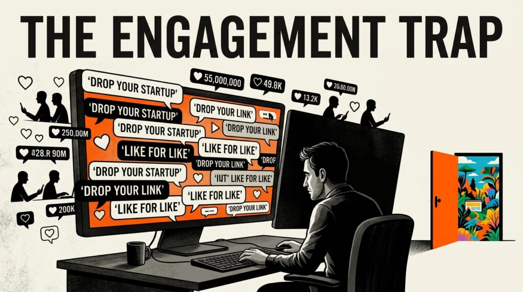 Illustration of repetitive engagement bait on a social media feed contrasted with discovering independent websites.