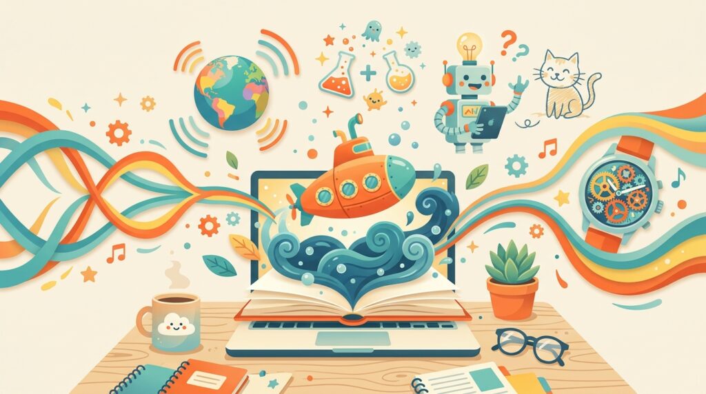 A laptop bursting with playful web toys: a submarine in the deep sea, a radio globe, combining elements and a robot guessing a doodle