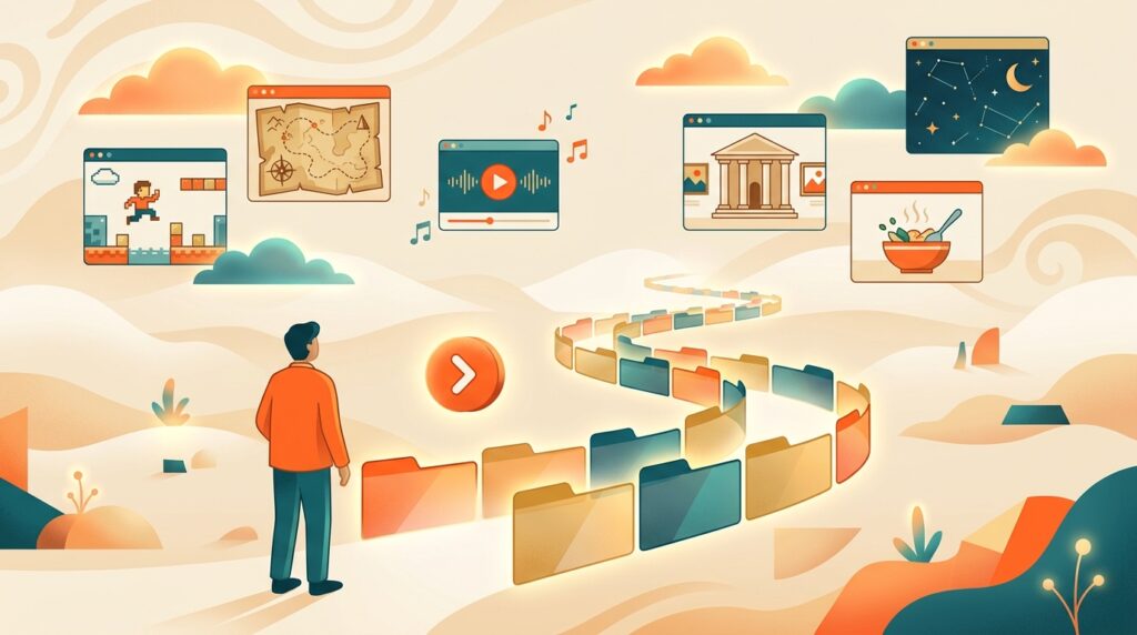 A person at the start of a glowing path of browser windows leading into a landscape of websites, with a big orange Next arrow