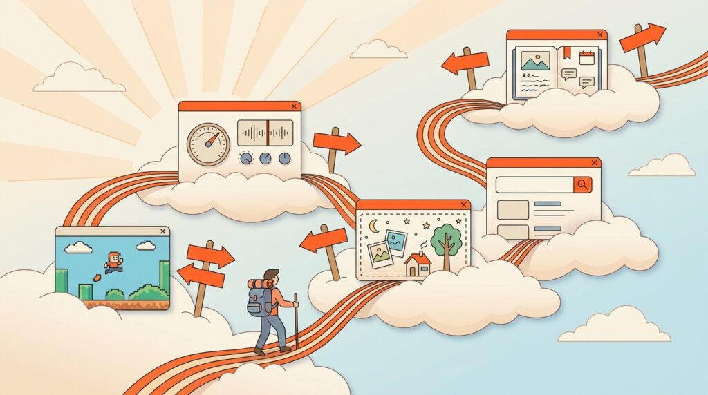 A hiker walking a trail over clouds that each carry a different website, with signposts pointing different ways